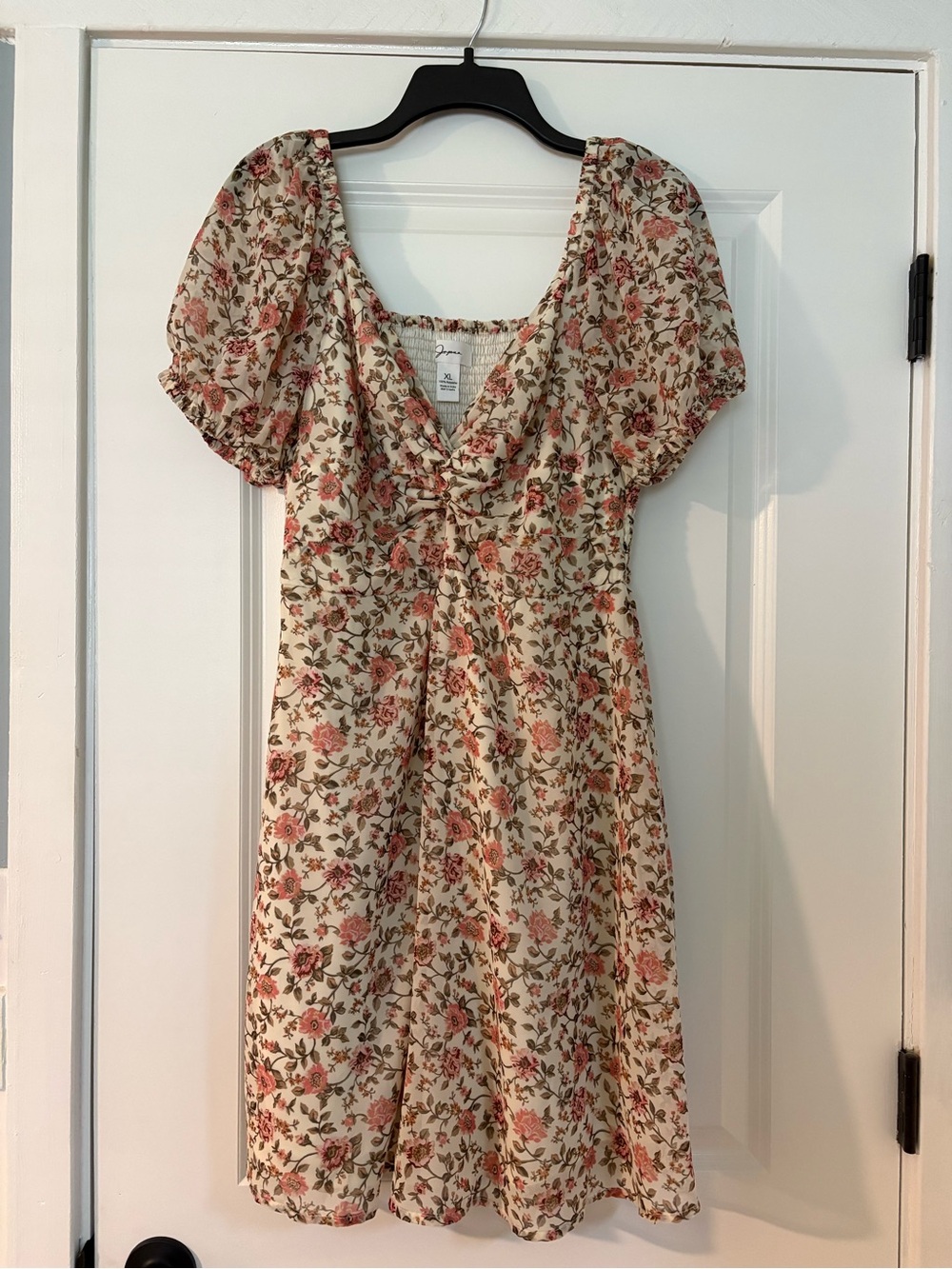 Floral Puff-Sleeve Midi Dress - Cream with Pink Rose Print